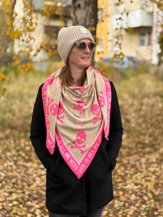 Zwillingsherz Schal „Totenkopf & Herz“ beige, pink
