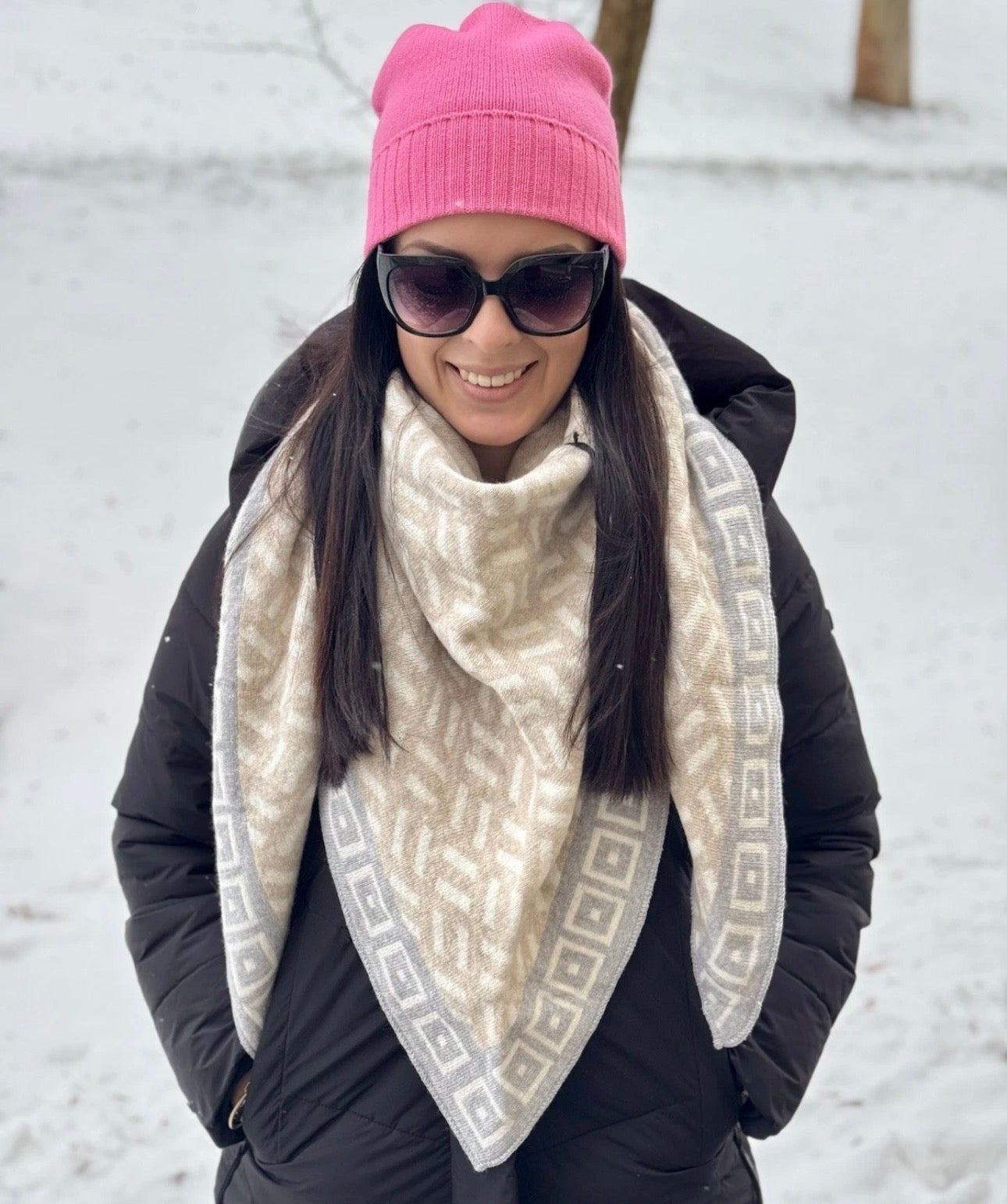 Zwillingsherz Schal beige grau gemustert